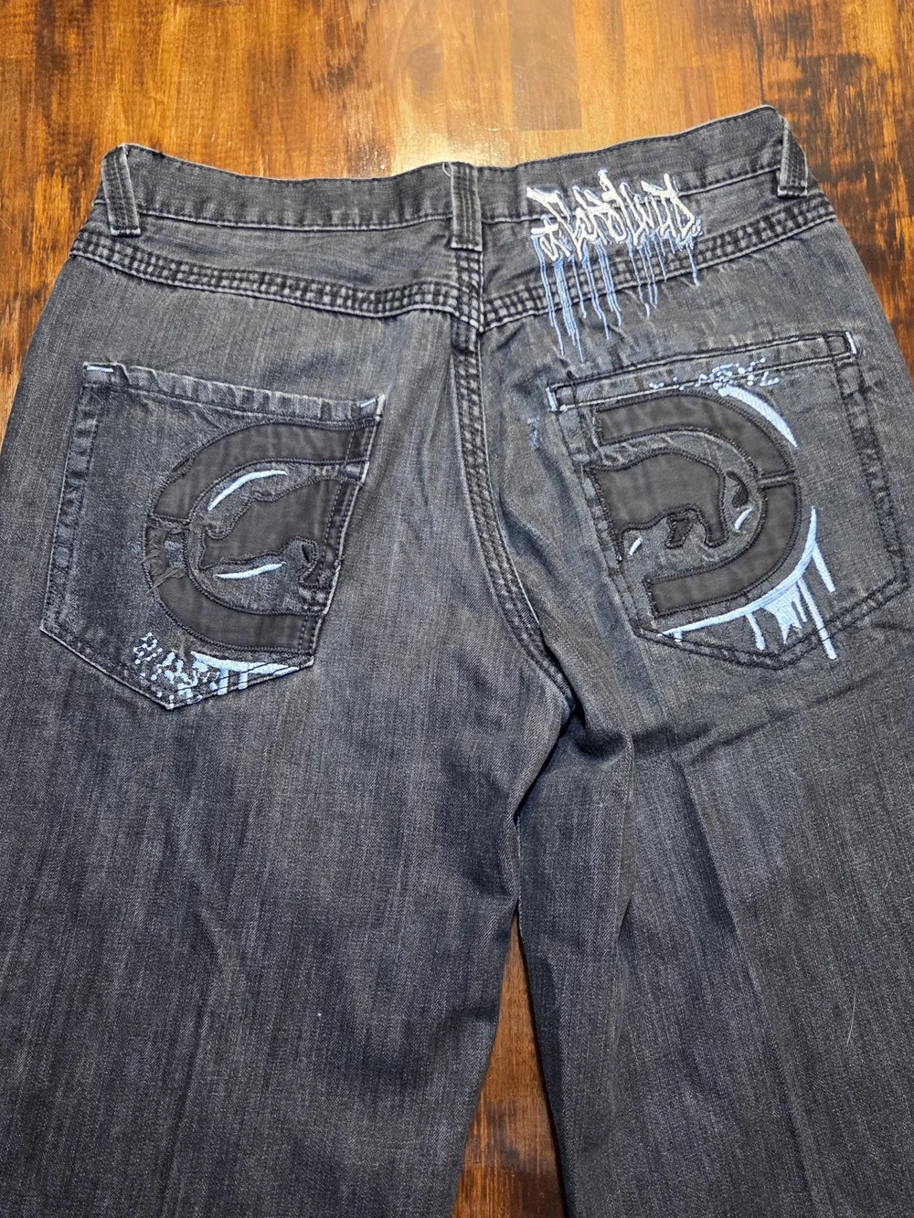 Vintage Y2K Echo Unlimited Embroidered Baggy Wide Leg Dark Washed Jeans SZ 36